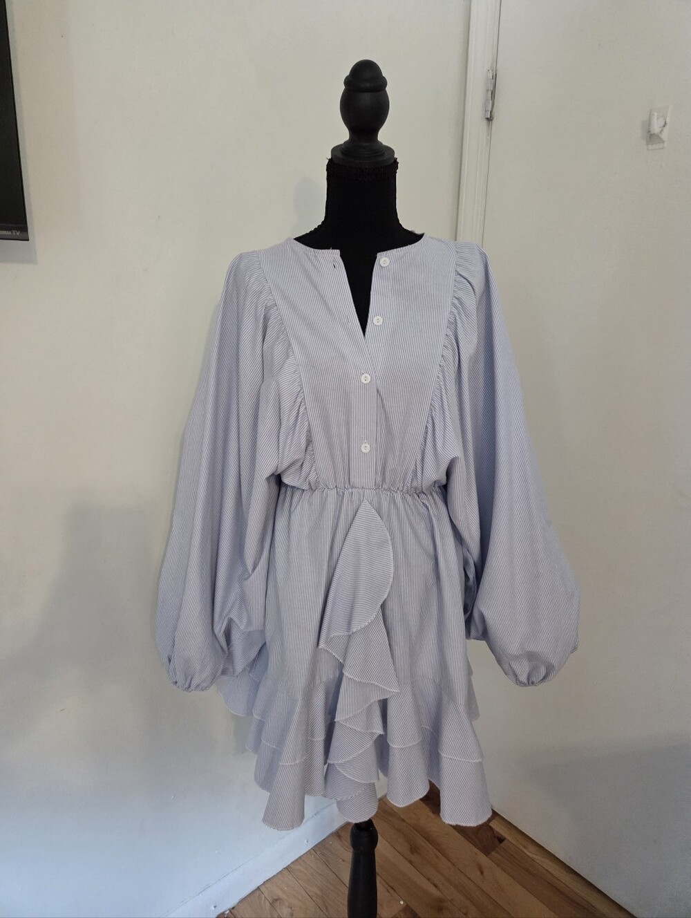 Light Blue Ruffle Long-Sleeve Mini Dress - Women's